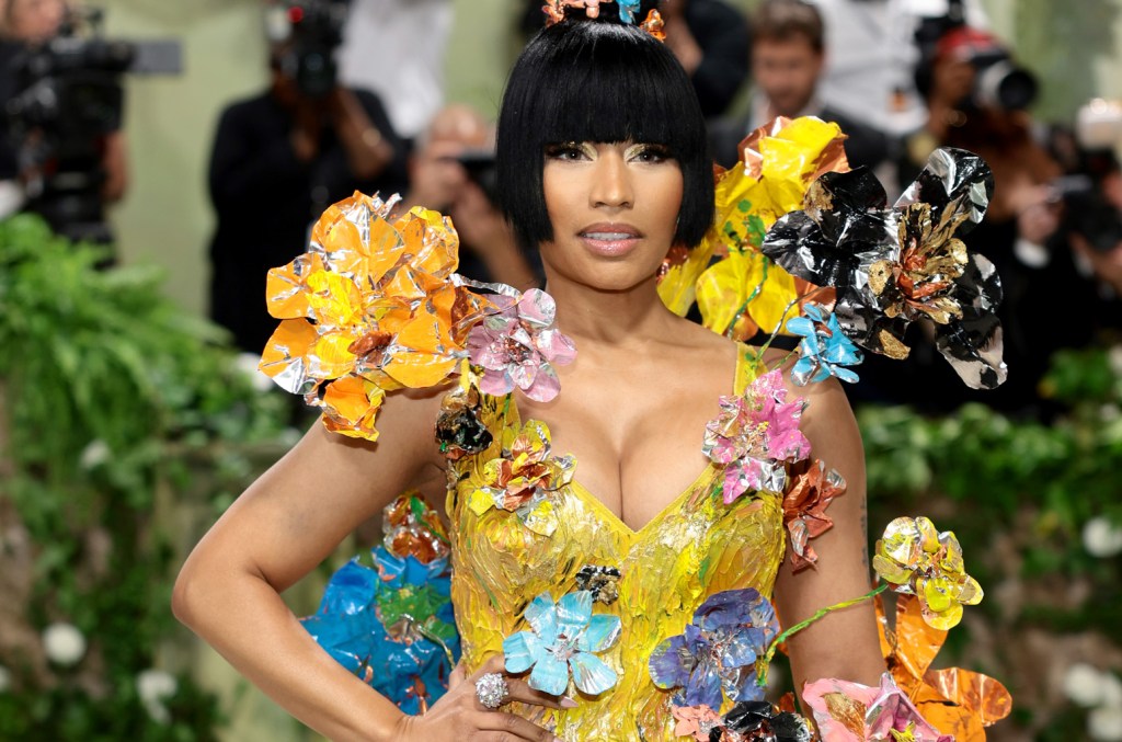 Nicki Minaj Blossoms In A Gold Floral Dress At The